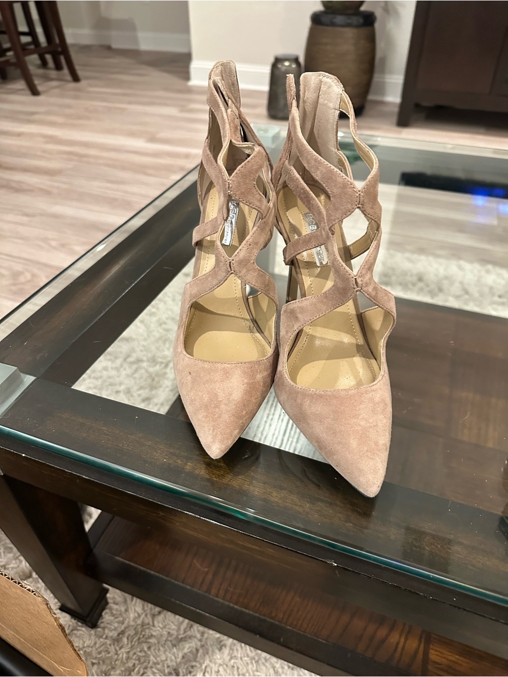 BCBG Suede Pointed Cutout Heels - Taupe